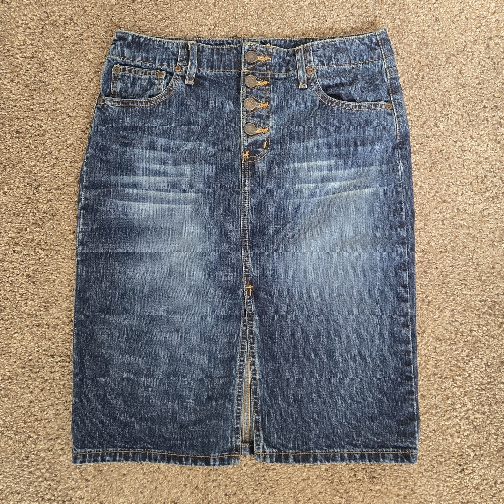 VTG Mossimo Denim Midi Skirt Button Fly Size 7 (30" Waist) Mid Rise